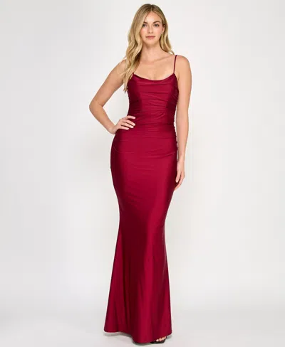Crystal Doll Juniors' Ruched Strappy-back Satin Gown In Wine