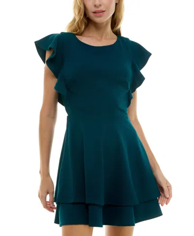 Crystal Doll Juniors' Ruffle-sleeve Fit & Flare Dress In Dark Teal