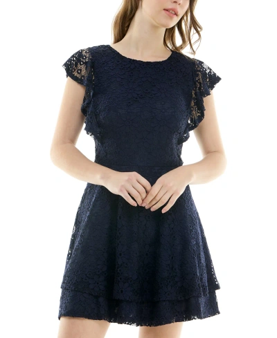 Crystal Doll Juniors' Ruffle-sleeve Lace Dress In Navy