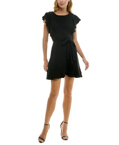 Crystal Doll Juniors' Ruffle-trim Faux-wrap Dress In Black
