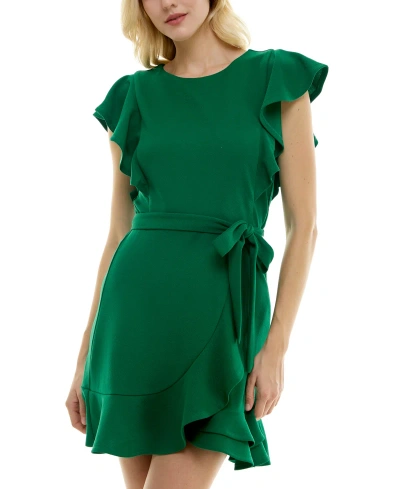 Crystal Doll Juniors' Ruffle-trim Faux-wrap Dress In Green