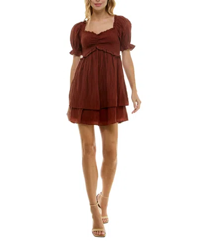Crystal Doll Juniors' Ruffled Smocked Puff-sleeve Dress In Cinnamon