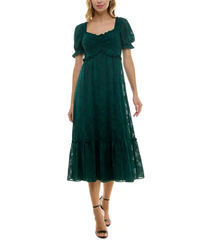Crystal Doll Juniors' Ruffled Smocked Puff-sleeve Midi Dress In Hunter