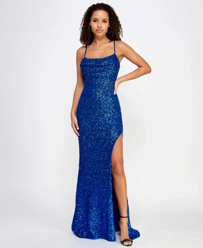 Crystal Doll Juniors' Sequin Draped-neck High-slit Gown In Sky Blue