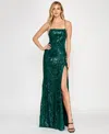 Crystal Doll Juniors' Sequined Lace-up-back Gown In Hunter