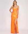 Crystal Doll Juniors' Sequined Lace-up-back Gown In Neon Orange