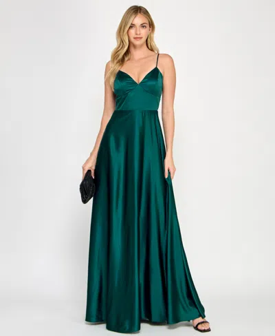 Crystal Doll Juniors' Sherri Satin Tie-back Gown In Hunter