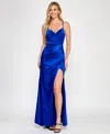 Crystal Doll Juniors' Sleeveless Lace-up-back Satin Gown In Electric Blue