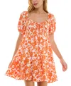 Crystal Doll Juniors' Floral-print Bow-back Puff-sleeve Woven Dress In Ivory,orange