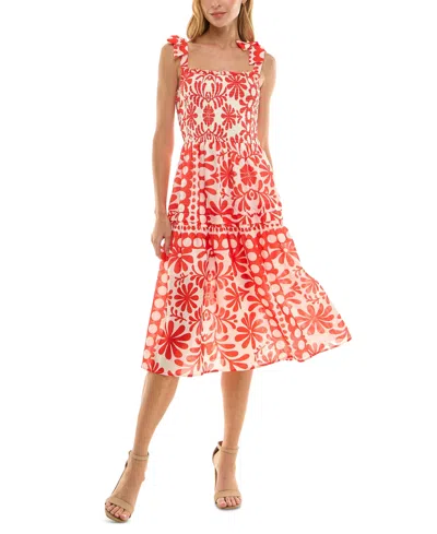 Crystal Doll Juniors' Square-neck Tie-straps Smocked A-line Dress In Ivory,coral