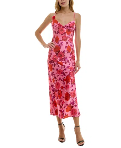 Crystal Doll Juniors' Strappy Floral Satin Maxi Dress In Pink Multi