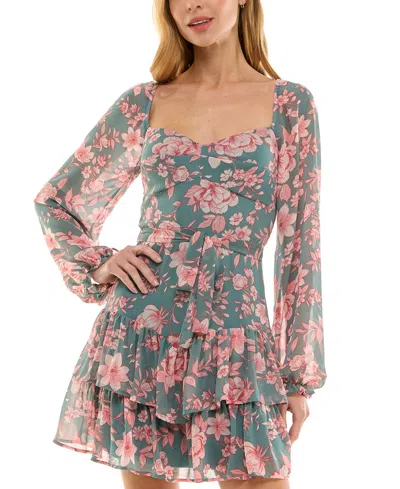 Crystal Doll Juniors' Sweetheart-neck Long-sleeve Chiffon Dress In Green