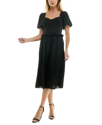 Crystal Doll Juniors' Sweetheart Puff-sleeve Midi Dress In Black
