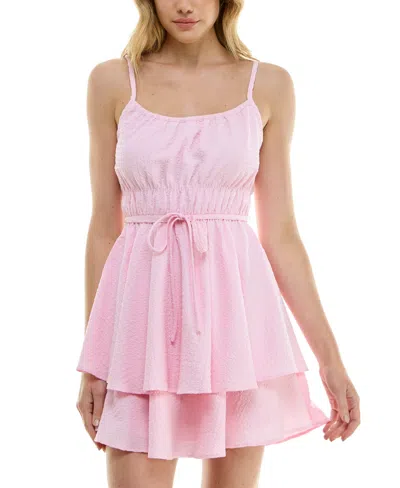 Crystal Doll Juniors' Textured Tie-waist Sleeveless Fit & Flare Dress In Pink