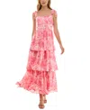 Crystal Doll Juniors' Tie-shoulder Tiered Chiffon Maxi Dress In Pink