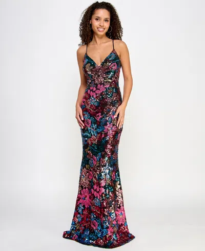 Crystal Doll Juniors' V-neck Floral-sequin Lace-up-back Gown In Black Multi