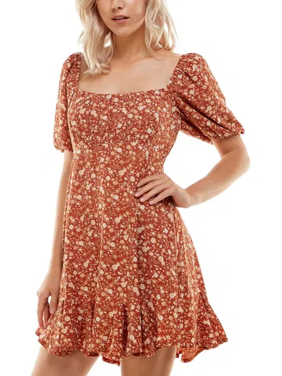 Crystal Doll Juniors Womens Floral Print Chiffon Fit & Flare Dress In Brown