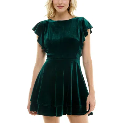 Crystal Doll Juniors Womens Velvet Flutter Sleeves Fit & Flare Dress In Green