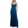 Crystal Doll Juniors' Crushed Satin Ruched Ruffled Maxi Dress In Multi