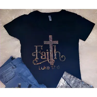 Crystallized By Sparkle Women's Faith Rhinestone V Neck Tee In Black