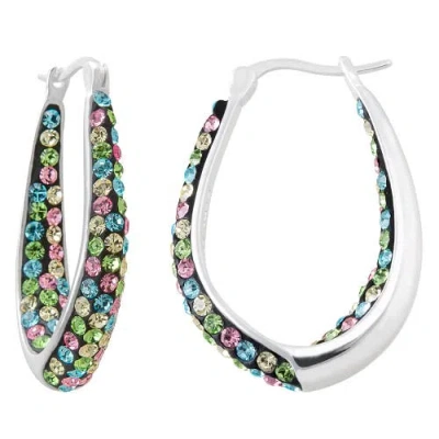Crystalogy Multi-color Crystal Inside Out Oval Shape Hoop Earrings, Silver Plated, 1.2"
