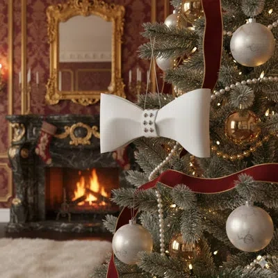 Crystamas Leather Bow Handcrafted Luxury In Fine Italian Lambskin, Comes In Keepsake Box Tree Ornament In White,white