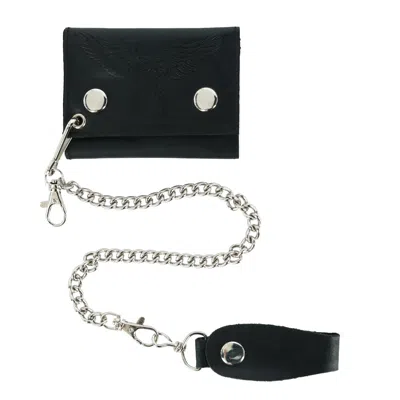 Ctm Men's Leather Eagle Print Trifold Double Snap Chain Wallet In Black