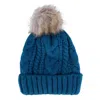Ctm Women's Cable Knit Lined Winter Beanie With Synthetic Fur Pom In Blue