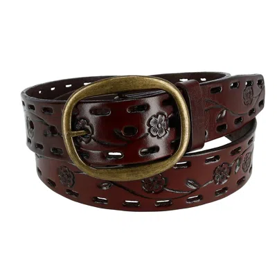 Ctm Women's Center Bar Buckle Belt With Flowers In Brown