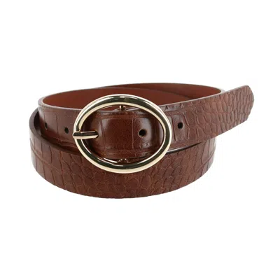 Ctm Women's Croc Print Center Bar Buckle Belt In Brown