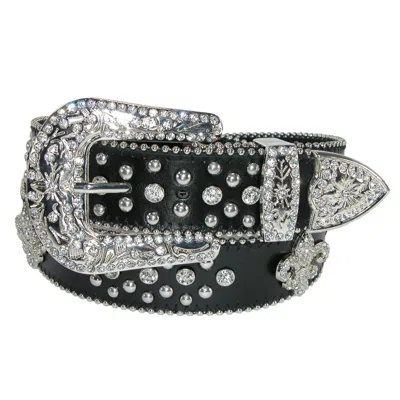 Ctm Women's Fleur De Lis Studded Rhinestone Belt In Black