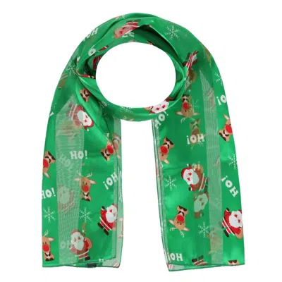 Ctm Women's Holiday Santa And Reindeer Lightweight Satin Scarf In Green