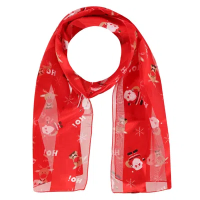 Ctm Women's Holiday Santa And Reindeer Lightweight Satin Scarf In Red