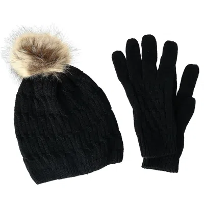Ctm Women's Knit Beanie Hat With Pom And Matching Gloves Set In Black