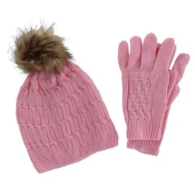 Ctm Women's Knit Beanie Hat With Pom And Matching Gloves Set In Pink