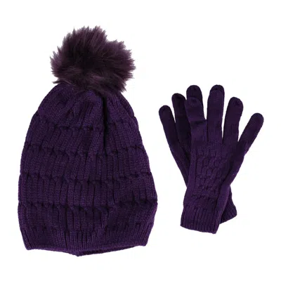 Ctm Women's Knit Beanie Hat With Pom And Matching Gloves Set In Purple