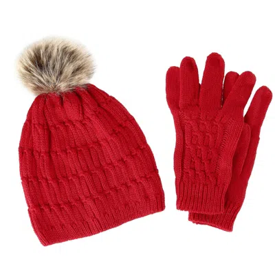 Ctm Women's Knit Beanie Hat With Pom And Matching Gloves Set In Red