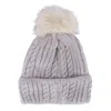 Ctm Women's Knit Winter Beanie With Cuff And Synthetic Fur Pom In Beige