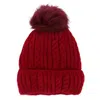 Ctm Women's Knit Winter Beanie With Cuff And Synthetic Fur Pom In Red
