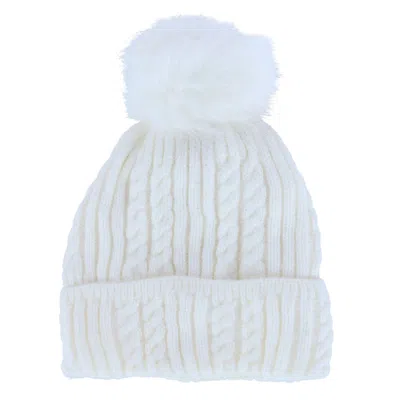 Ctm Women's Knit Winter Beanie With Cuff And Synthetic Fur Pom In White