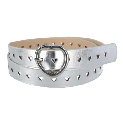 Ctm Women's Metallic Heart Punched Belt With Heart Buckle In Silver