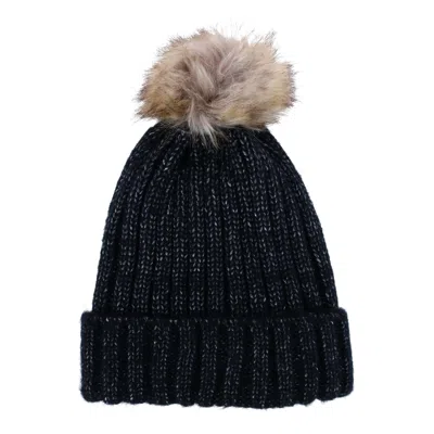 Ctm Women's Metallic Shimmer Winter Knit Lined Beanie With Pom In Black