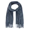 Ctm Women's Pearl Embellished Solid Fringe Oblong Scarf In Grey