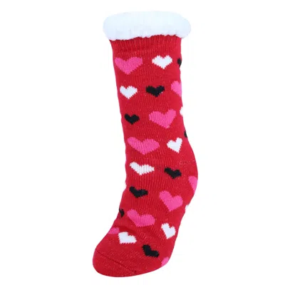 Ctm Women's Plush Sherpa Winter Fleece Lined Hearts Slipper Socks In Red