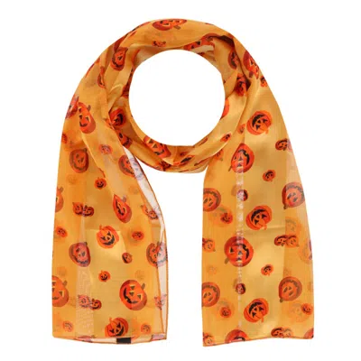 Ctm Women's Pumpkin Jack O Lantern Halloween Lightweight Satin Scarf In Gold