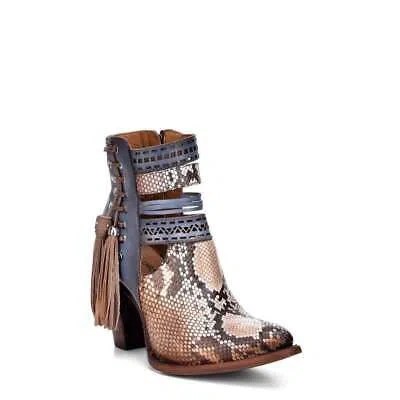 Pre-owned Cuadra 3f29ph -  Sky Blue Western Cowgirl Python Skin Fringed Ankle Boots Women