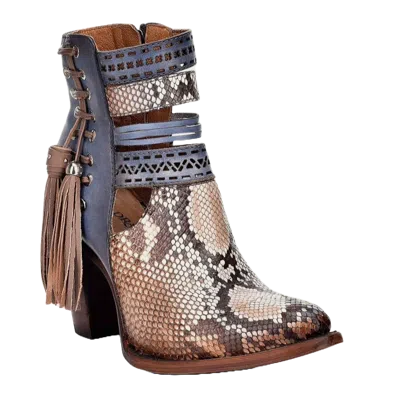 Pre-owned Cuadra Ladies Genuine Python Blue Leather Booties Cu370