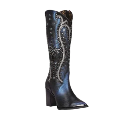 Pre-owned Cuadra Ladies Studded & Embroidered Black Pointed Toe Boots Cu727