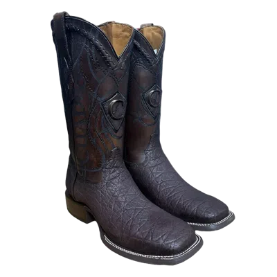 Pre-owned Cuadra Men's Elaphant Laser & Embroidery Brown Square Toe Boots Cu848