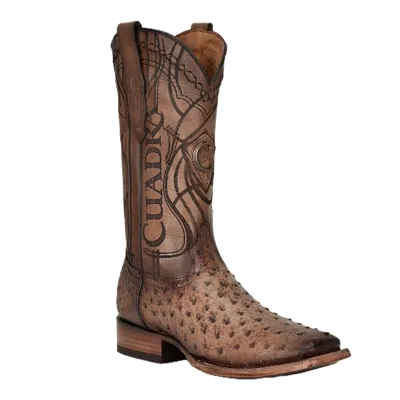 Pre-owned Cuadra Men's Lugan Brown Ostrich Embroidered Square Toe Boots Cu744